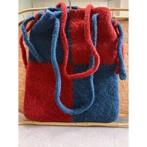 Vintage Handmade Felted Wool Colorblock Tote Bag / Bucket Purse Red & Navy Blue